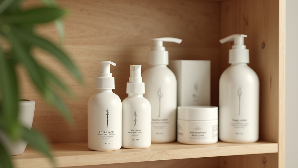 Eye-level view of eco-friendly skincare products on wooden shelf