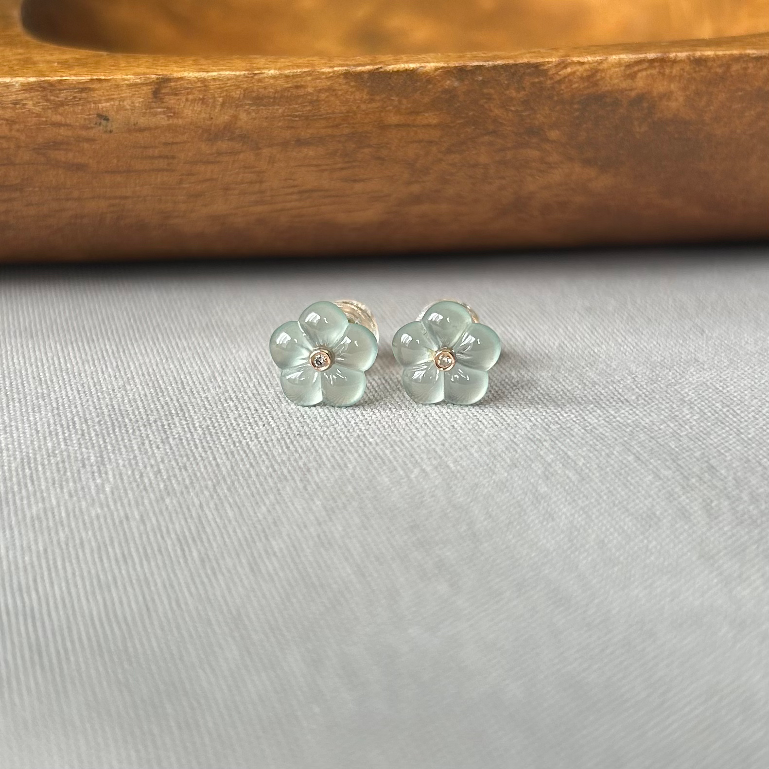 Light Sky Blue Mini Flower Ear Studs in 18K Yellow Gold and Diamonds