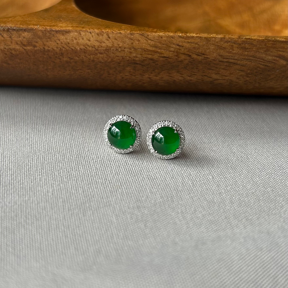 Thumbnail: Royal Green Cabochon and Diamond Ear Studs in 18K White Gold