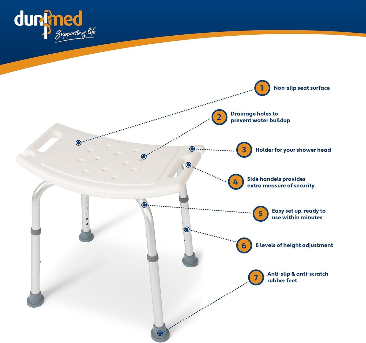 Dunimed - Sgabello da doccia, regolabile in altezza, antiscivolo, 39 – 52 cm