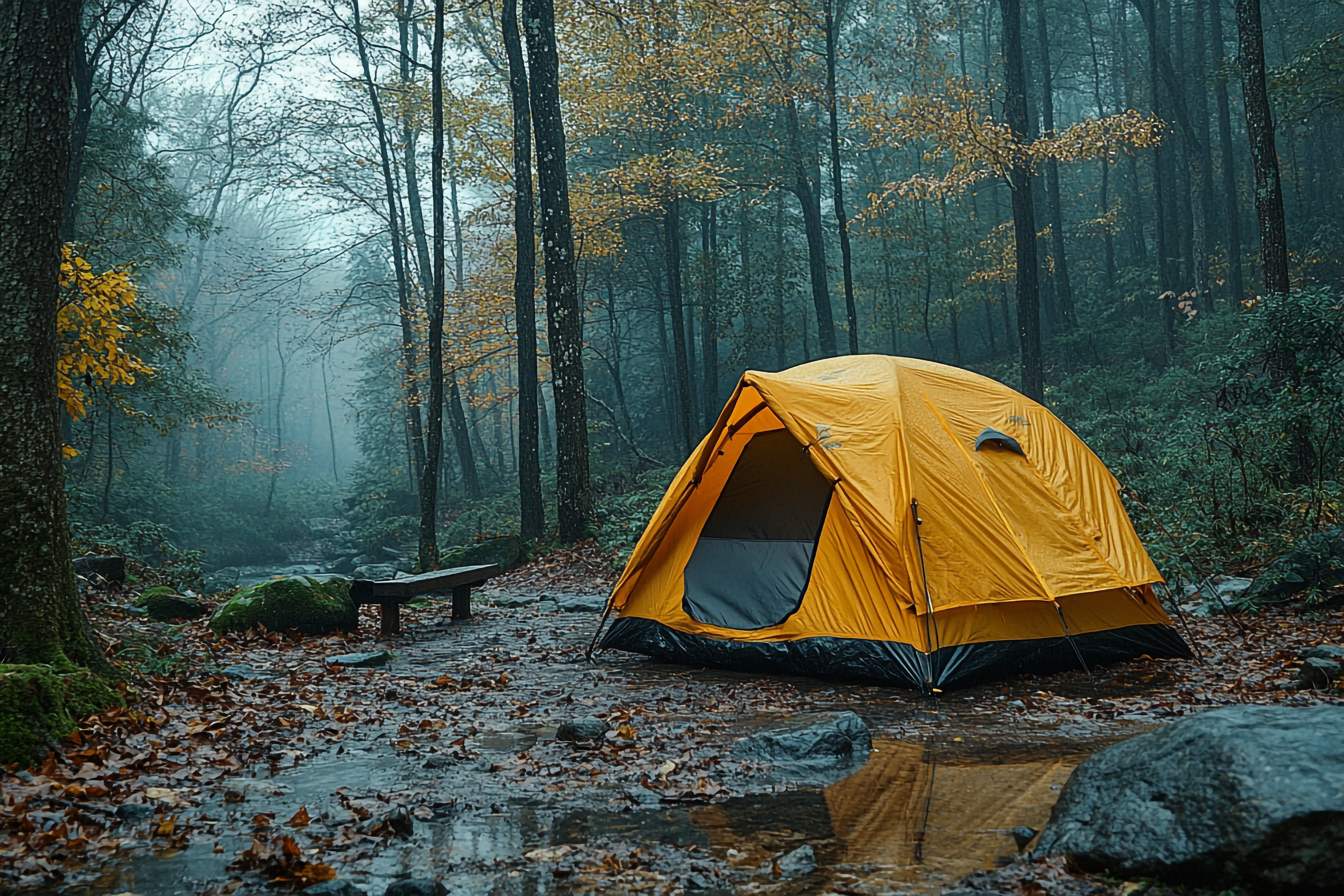 Yellow tent in a misty forest. Fallen leaves cover the ground, with a wooden bench nearby. Moody, serene atmosphere.