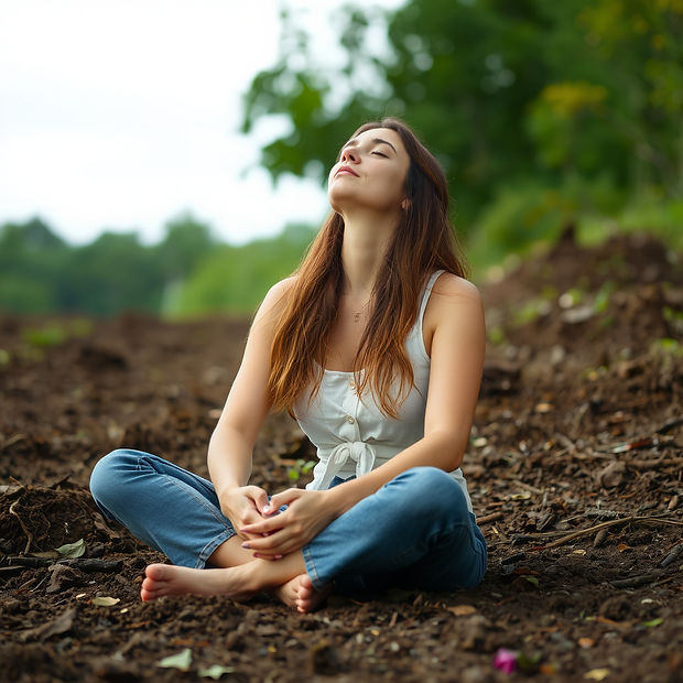 A woman sitting or lying on the earth, eyes closed, peaceful expression, exhaling — deeply