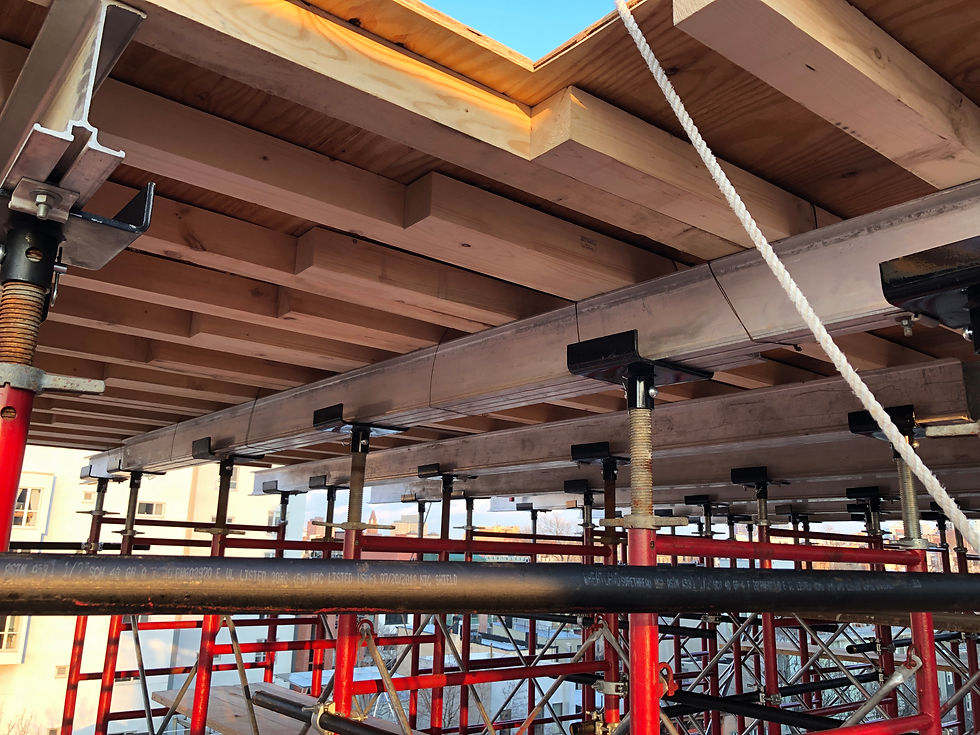 Thumbnail: Wooden beams supported by scaffolding for construction