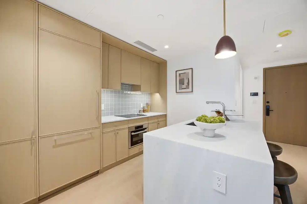The kitchen of one of the units at Radiant. Rendering courtesy of The Snap Market