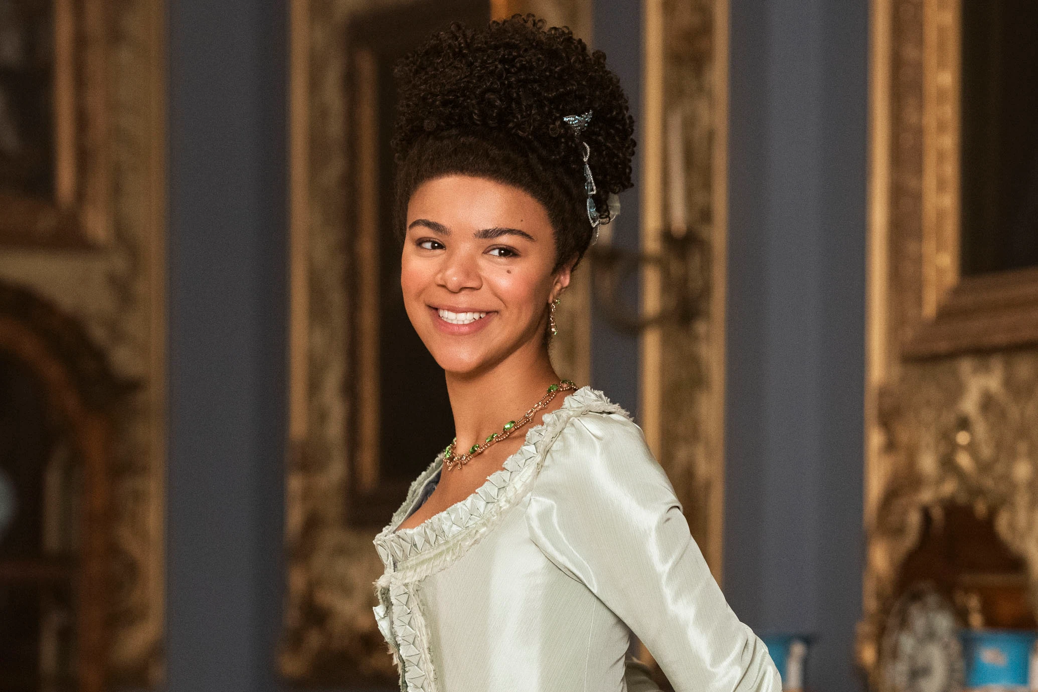 Period hairstyle on India Amerteifio playing young Queen Charlotte