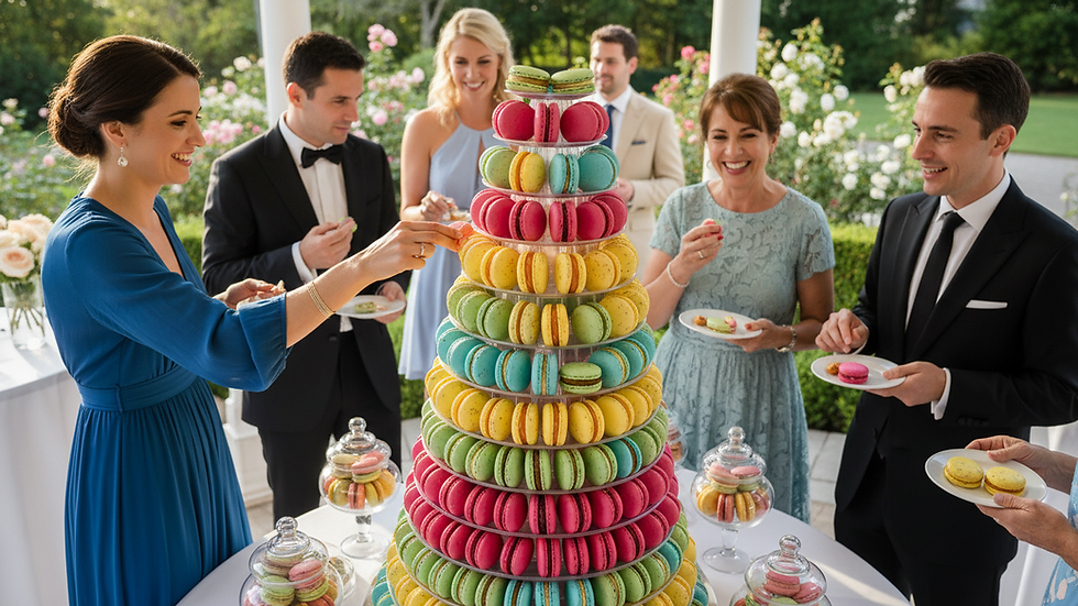High angle view of a multi-tiered macaron tower with vibrant colors