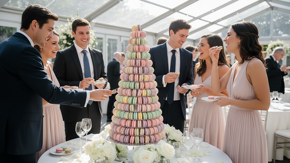 Eye-level view of a macaron tower centerpiece at an elegant event