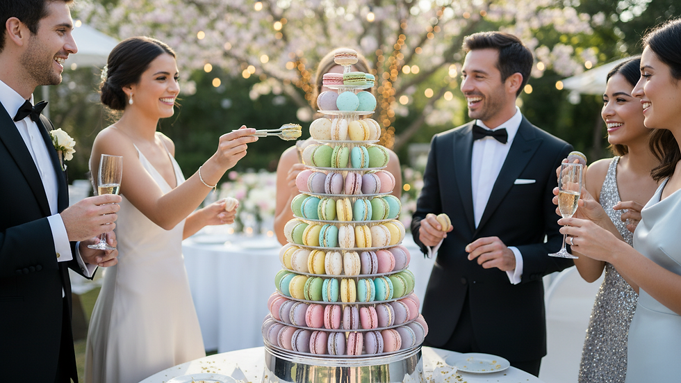 Eye-level view of a macaron tower centerpiece at an elegant event