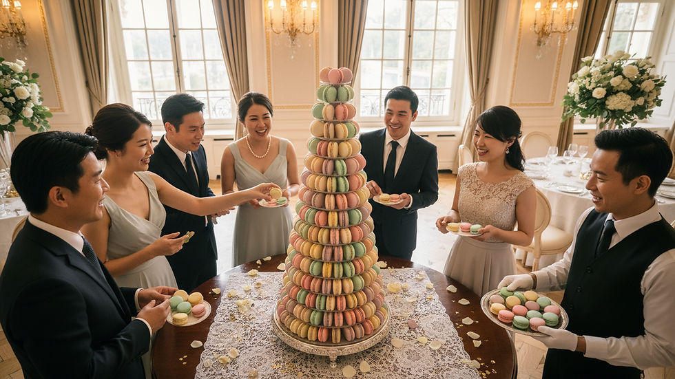 High angle view of a macaron tower centerpiece at an elegant event
