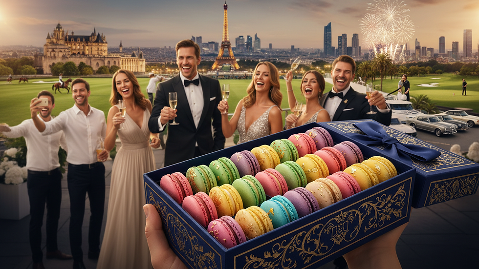 Close-up view of colorful French macarons arranged in a gift box