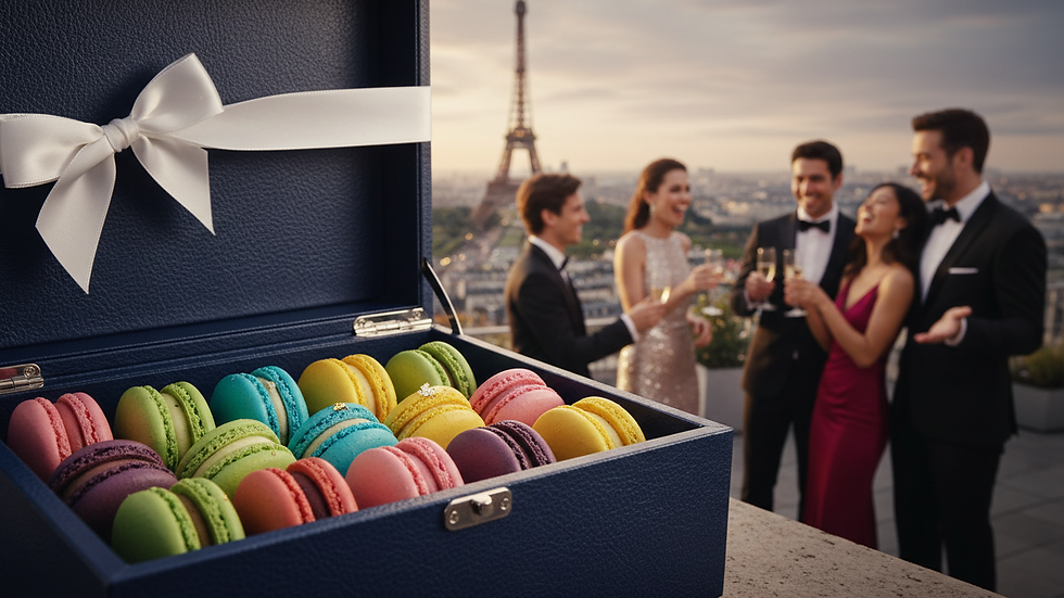 Close-up view of colorful French macarons arranged in a gift box