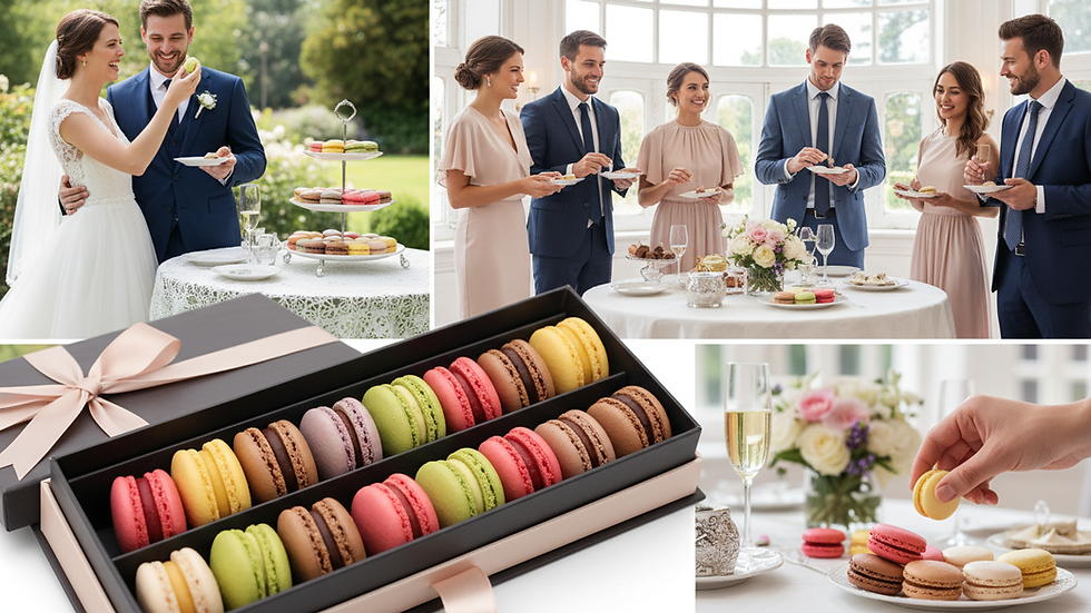 Close-up view of colorful French macarons arranged in a gift box