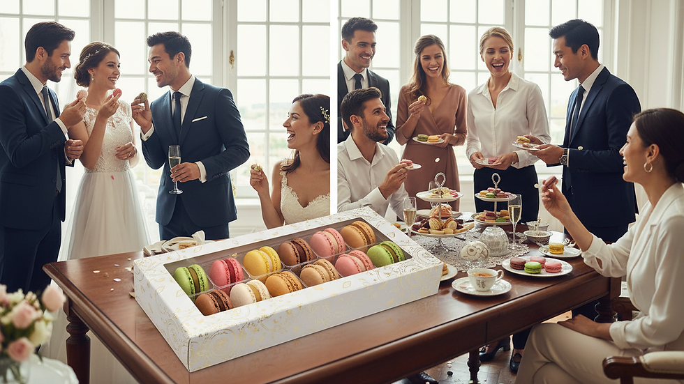 Eye-level view of a macaron gift box with assorted flavors