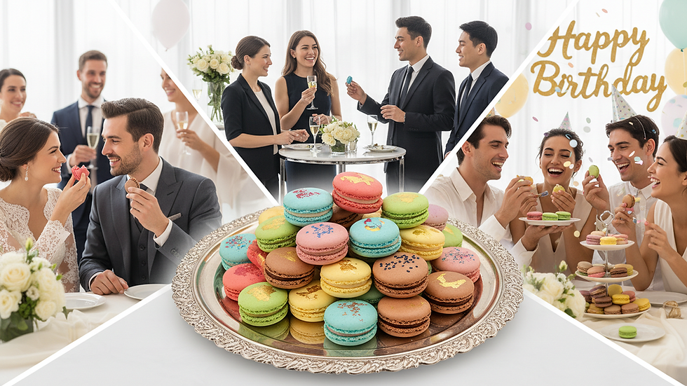 Eye-level view of assorted macarons on a decorative platter