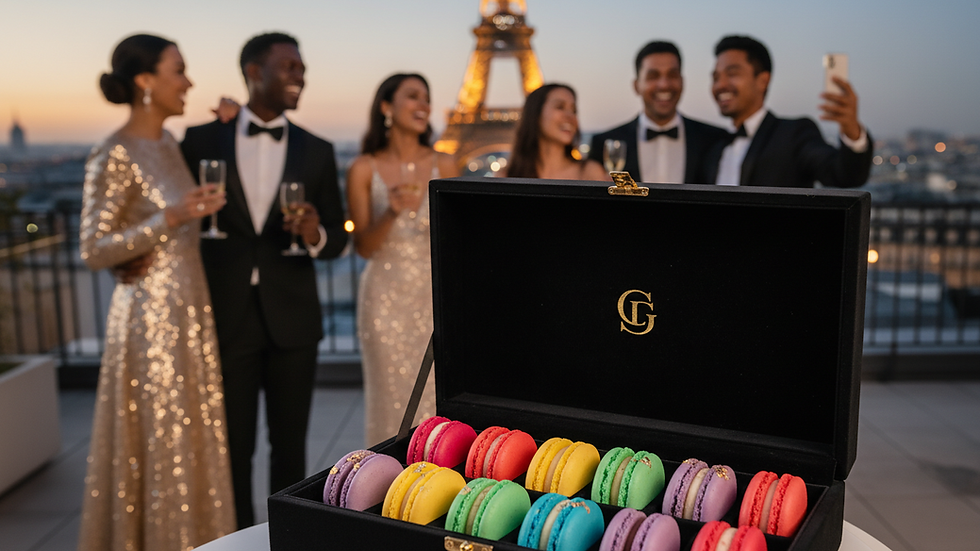 Close-up view of assorted colorful macarons arranged in a luxury gift box