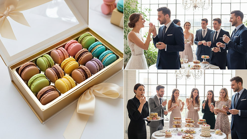 Close-up view of colorful French macarons arranged in a gift box