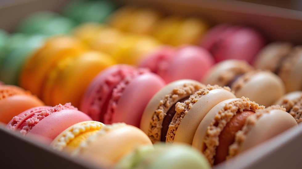 Close-up view of colorful assorted macarons in a gift box