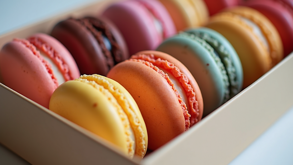 Close-up view of colorful macarons arranged in an elegant gift box