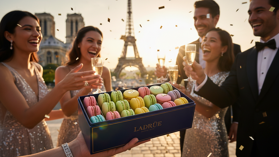 Close-up view of colorful French macarons arranged in a gift box