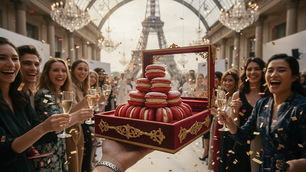 Close-up view of red velvet macarons arranged in a decorative box
