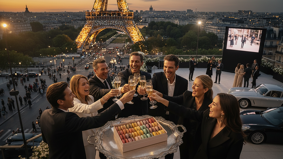 High angle view of a luxury macaron gift box with pastel-colored macarons