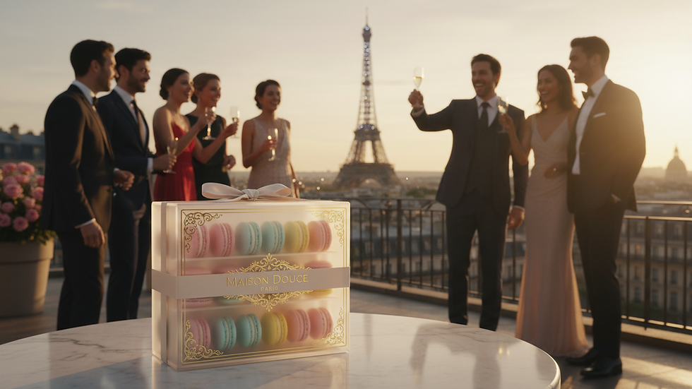 Eye-level view of a luxury macaron gift box with pastel colors and elegant packaging