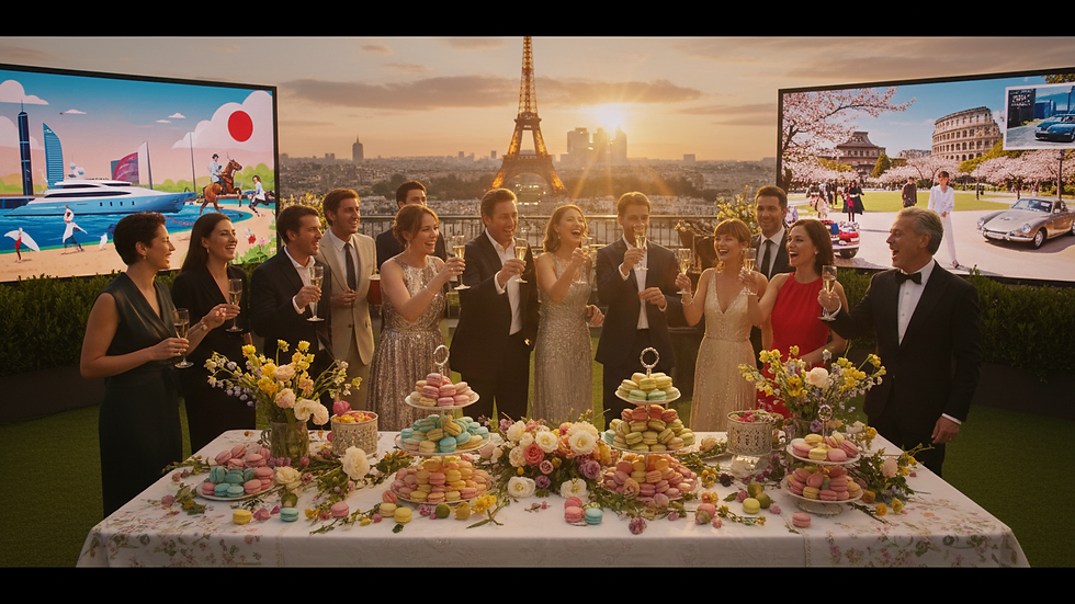 High angle view of assorted colorful macarons on a spring-themed table