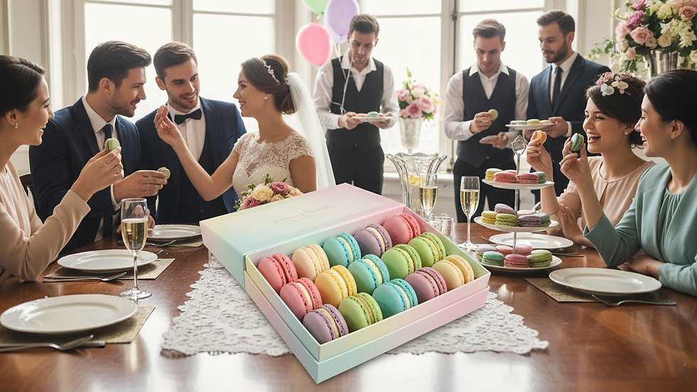 Eye-level view of a macaron gift box with pastel colors