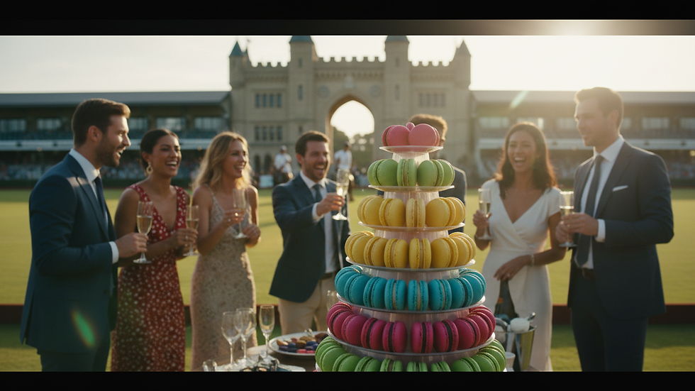 Close-up view of colorful macarons arranged in a tiered display