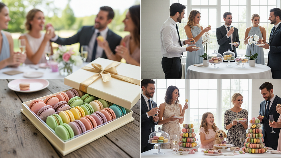 Close-up view of colorful French macarons arranged in a gift box