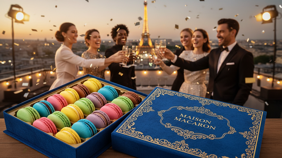 Close-up view of colorful French macarons arranged in a gift box