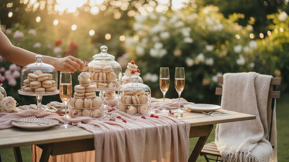 Eye-level view of a luxury dessert table featuring colorful macarons in a summer garden setting