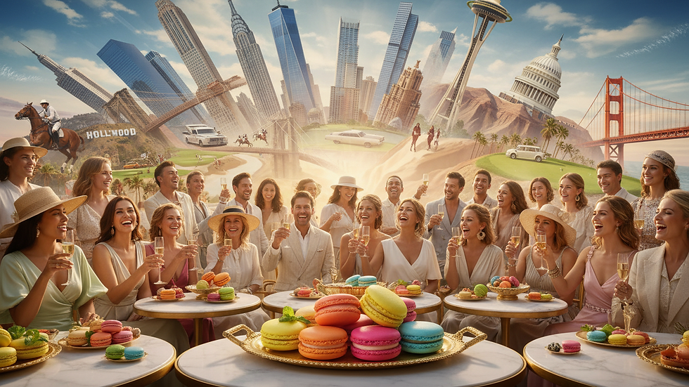 Eye-level view of assorted macarons with summer-inspired colors and flavors