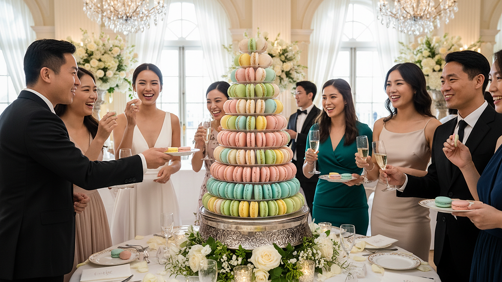 Eye-level view of a macaron tower centerpiece at an event