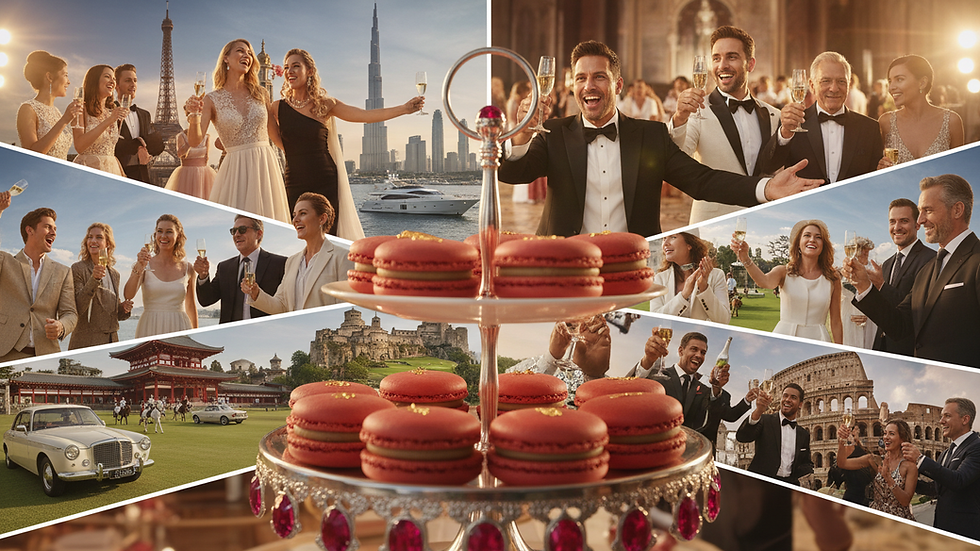 Close-up view of red velvet macarons arranged in a tiered stand