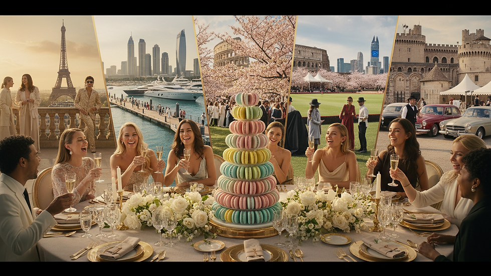 High angle view of a pastel-colored macaron tower centerpiece on a spring event table