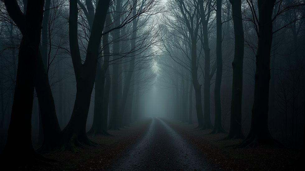 Eye-level view of a dark forest path