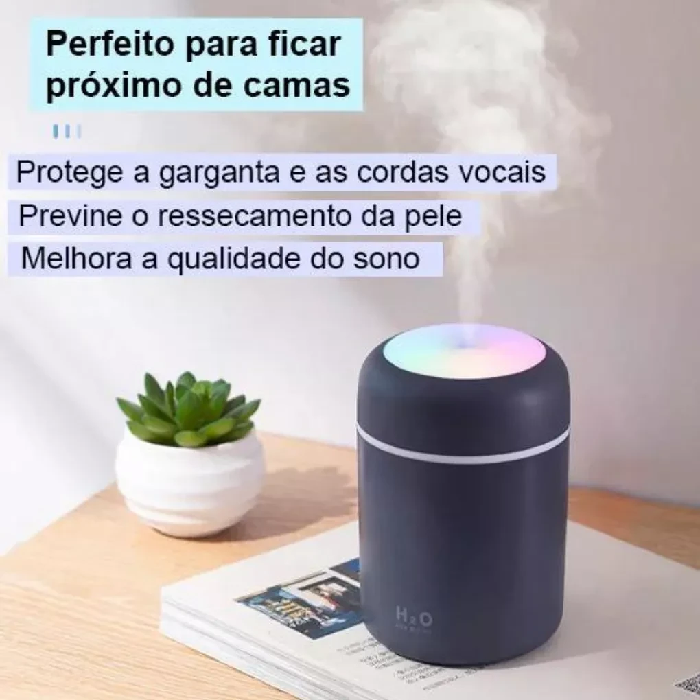 Umidificador De Ar Portátil 300ml Usb Com Luz Led Colorido