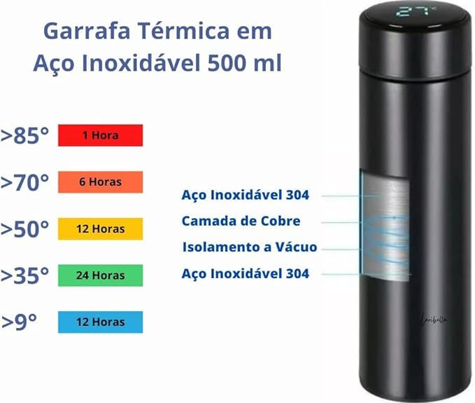 Miniatura: Garrafa Térmica em Aço Inox 500ml com Termômetro Digital LED Touch