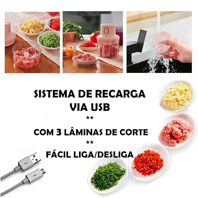 Miniatura: Mini Processador De Alimentos Elétrico 250ml Sem Fio Recarregável