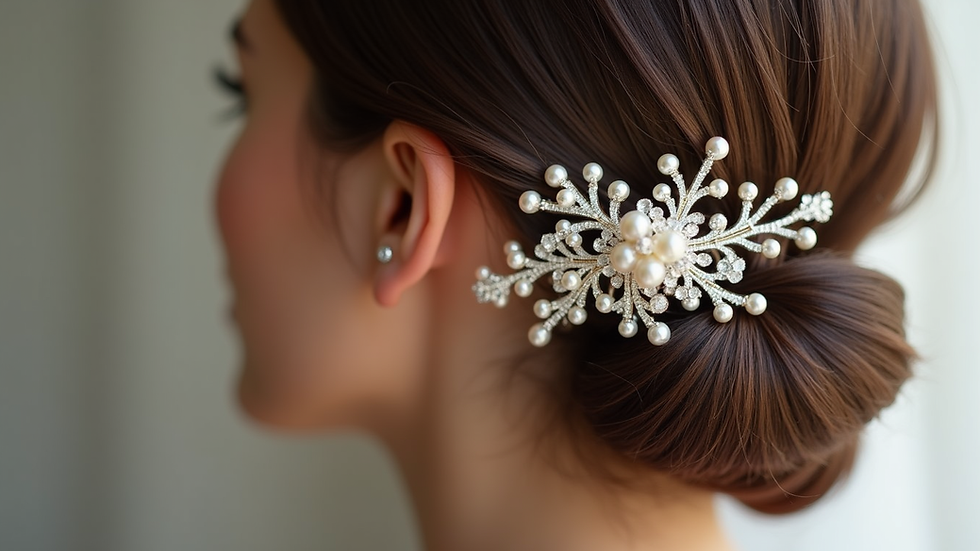 Close-up view of a pearl and crystal bridal hair comb