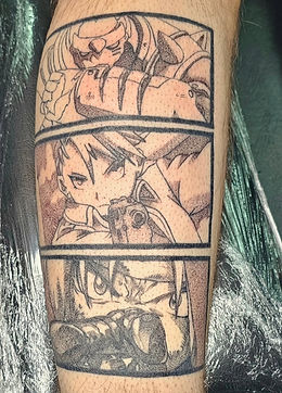 An impressive and detailed arm tattoo showcasing a vertical panel design with three distinct scenes featuring anime characters, beautifully framed inside rectangular borders. This striking piece was artistically inked by a skilled tattoo artist at the best tattoo shop in Lubbock.