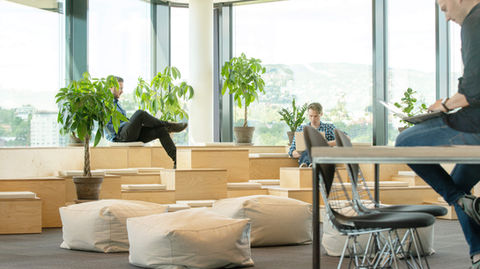 Custom seating cushions and bean bag covers by LinenSpace for an IT company in Oslo, interior design by Mikkel Wennesland.