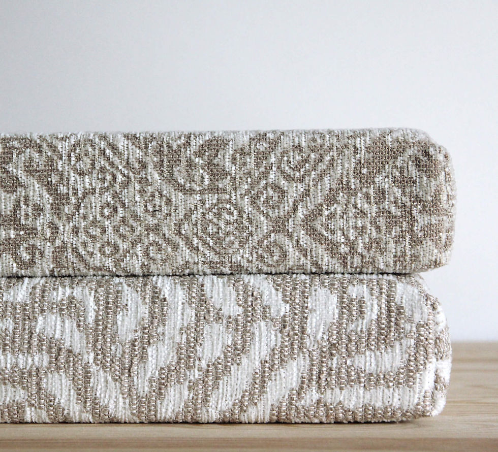 Thumbnail: Neutral Beige textured damask chenille Custom Bench seat pad for boho interior