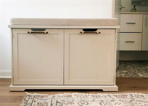 Custom size cushion added to the top of a cheap cat litter box bench.