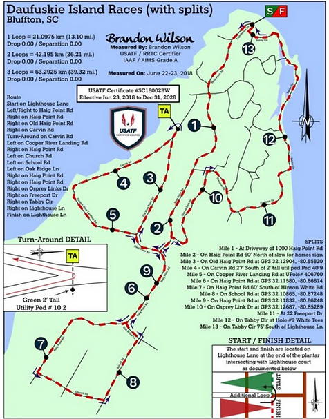 Daufuskie Island Marathon and Half Marathon 13.1 mile USATF certified course map