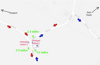 Daufuskie Island Marathon and Half 13.1 course map withwater stations and restrooms