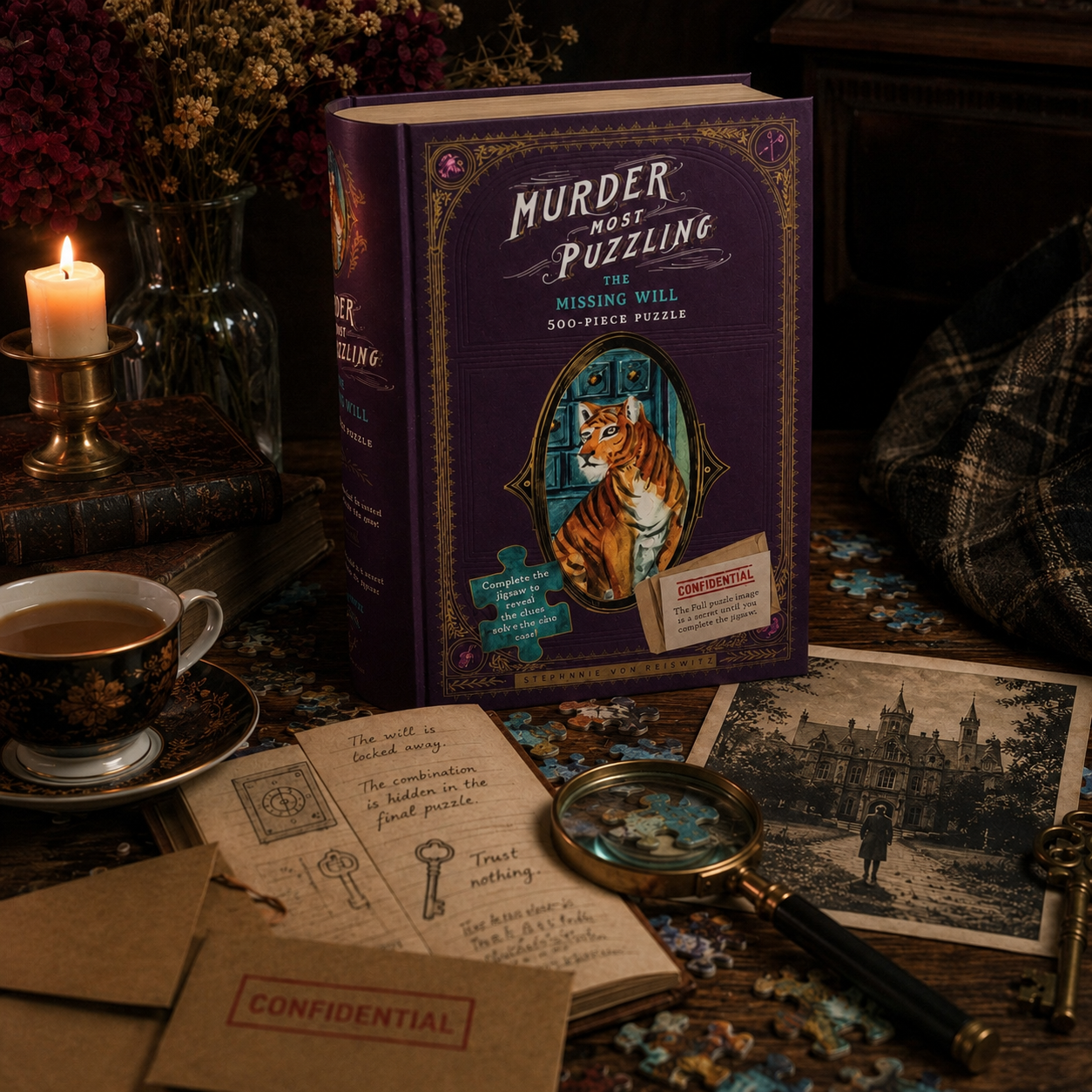 Murder Most Puzzling The Missing Will 500-piece murder mystery jigsaw puzzle in book-shaped box