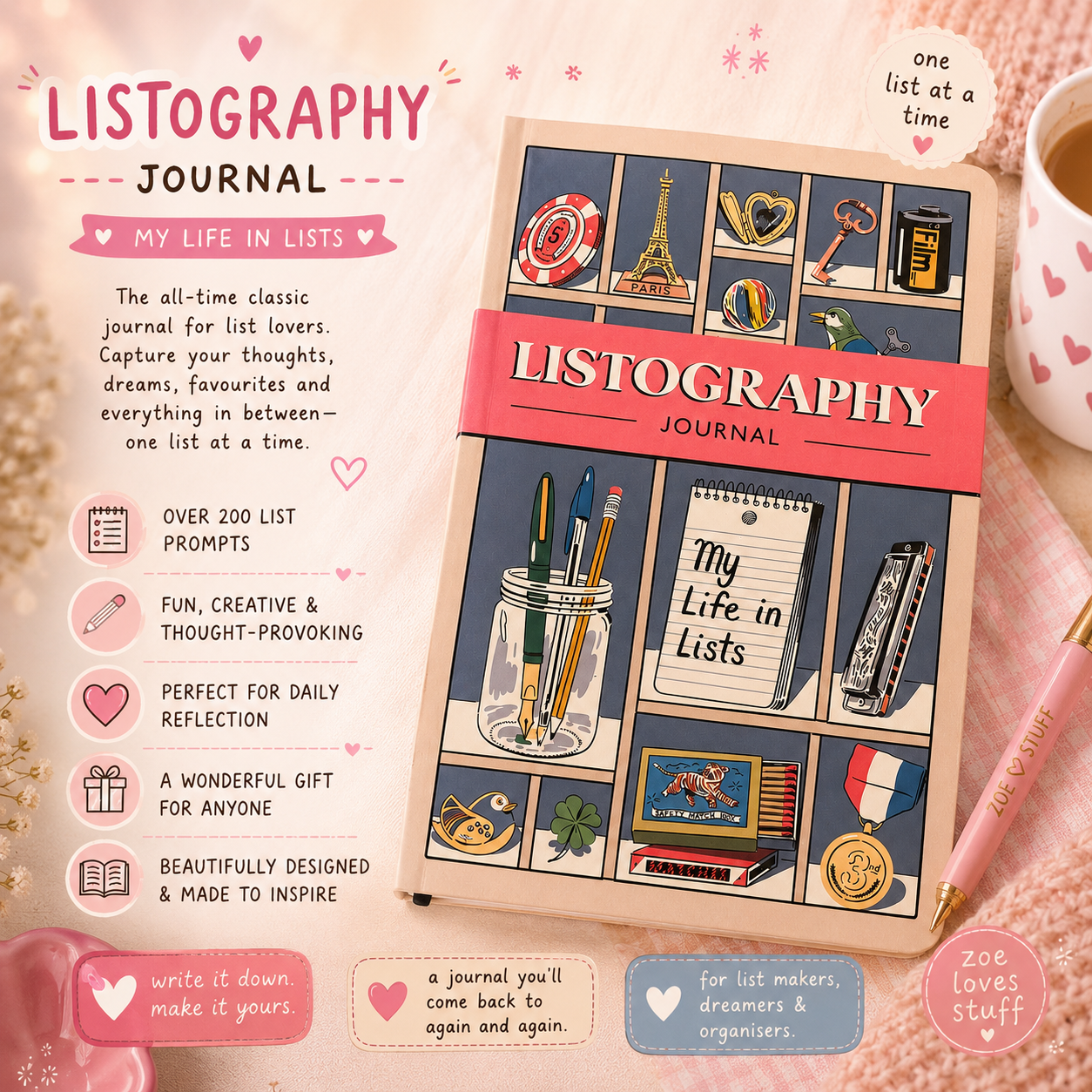 Listography Journal My Life in Lists guided journal front cover with illustrated design.