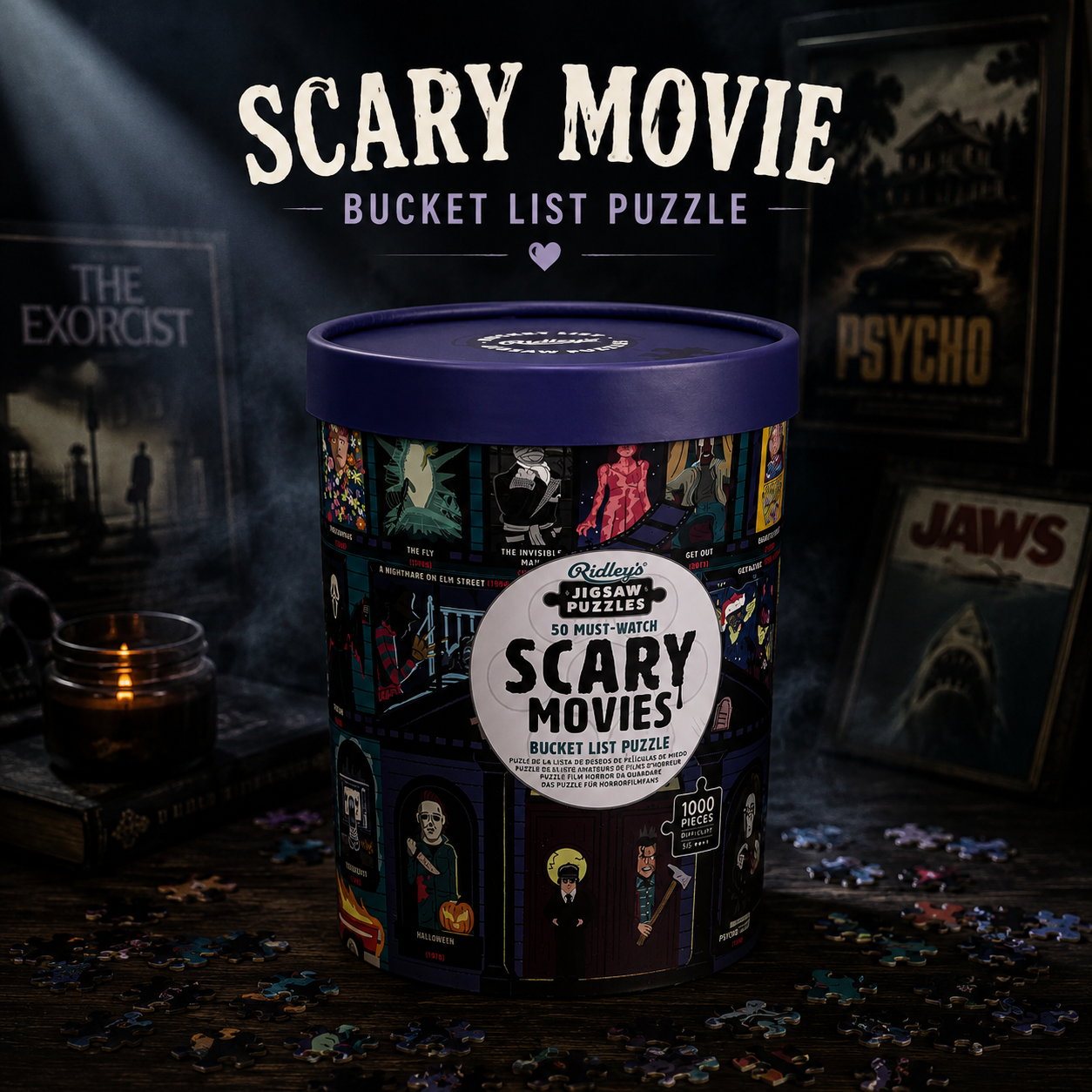 50 Must Watch Scary Movies Bucket List Puzzle in collectible bucket with horror movie backdrop